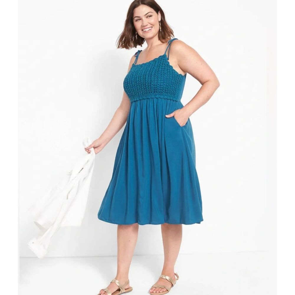 Lane Bryant Blue Crochet Lace Maxi Dress Sleeveless Tie Strap Boho Size 16